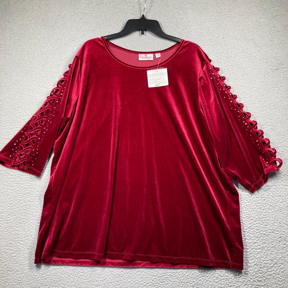 Quacker Factory Blouse Womens 3X NEW Red Velvet Rhinestone Lattice Sleeve Top - Picture 2 of 8
